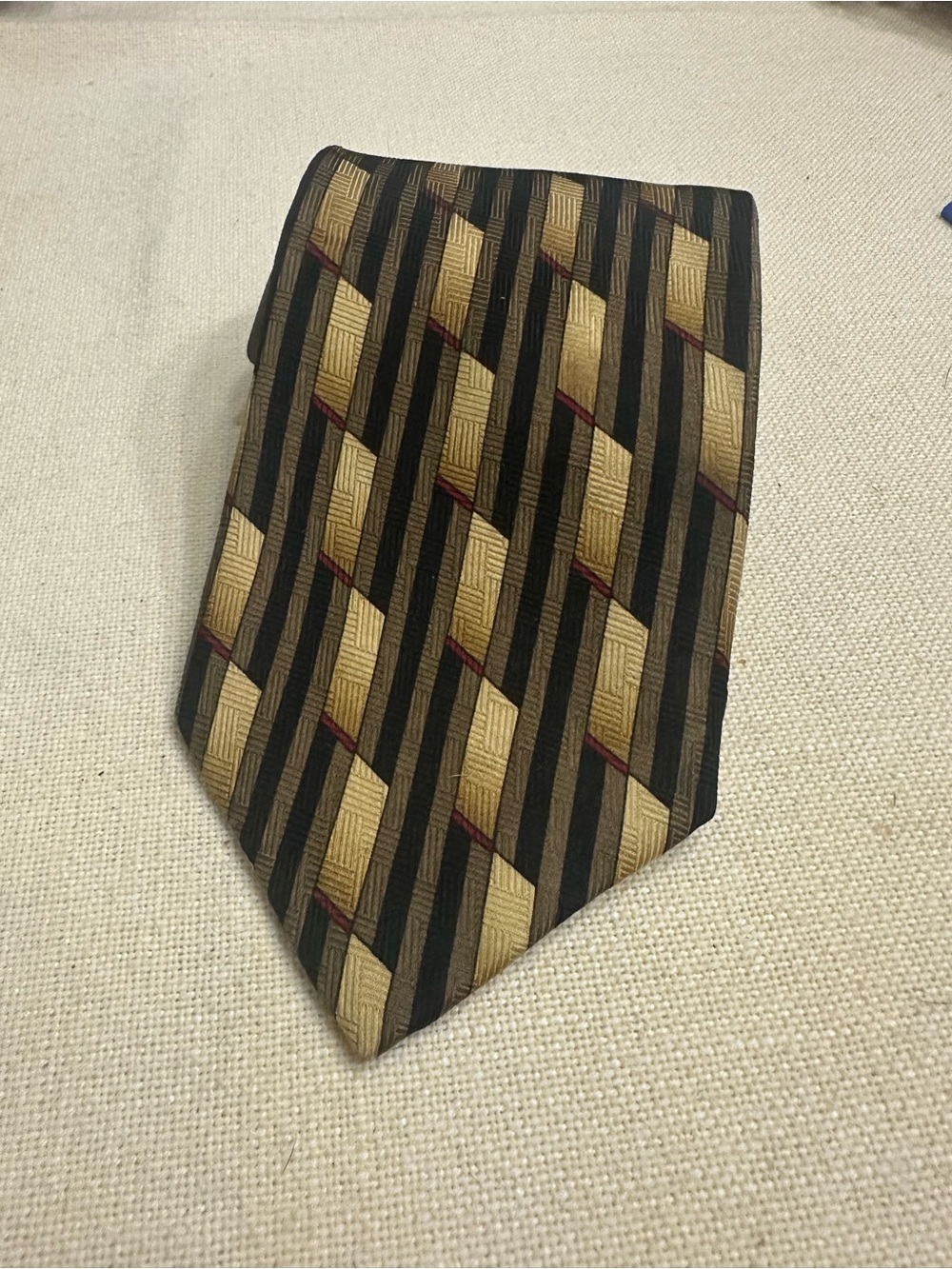 Mulberry Black and Gold Geometric Silk Tie with Red Accents